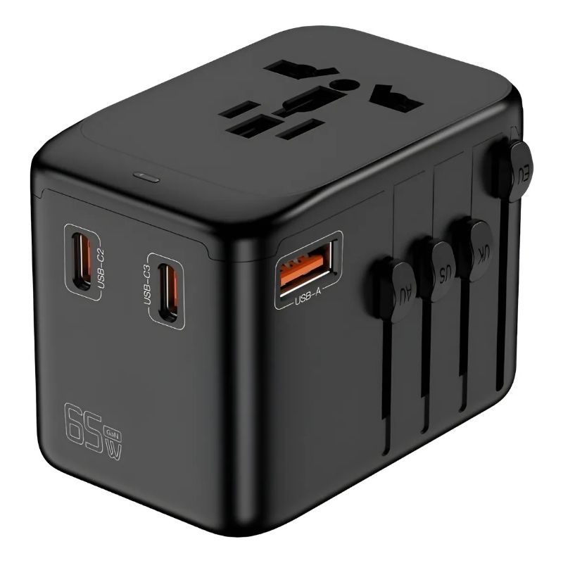 Adaptador Universal 65W PD QC Viaje | 3 USB-C + 1 USB-A | Carga Rápida Global | Compatible con +200 Países