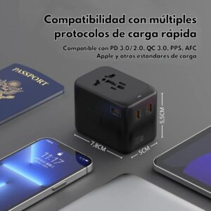 Adaptador Universal 65W PD QC Viaje | 3 USB-C + 1 USB-A | Carga Rápida Global | Compatible con +200 Países