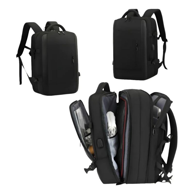 Mochila de Viaje Expandible 30-42L Impermeable con Puerto USB para Notebook 17.3” – Equipaje de Mano para Avión