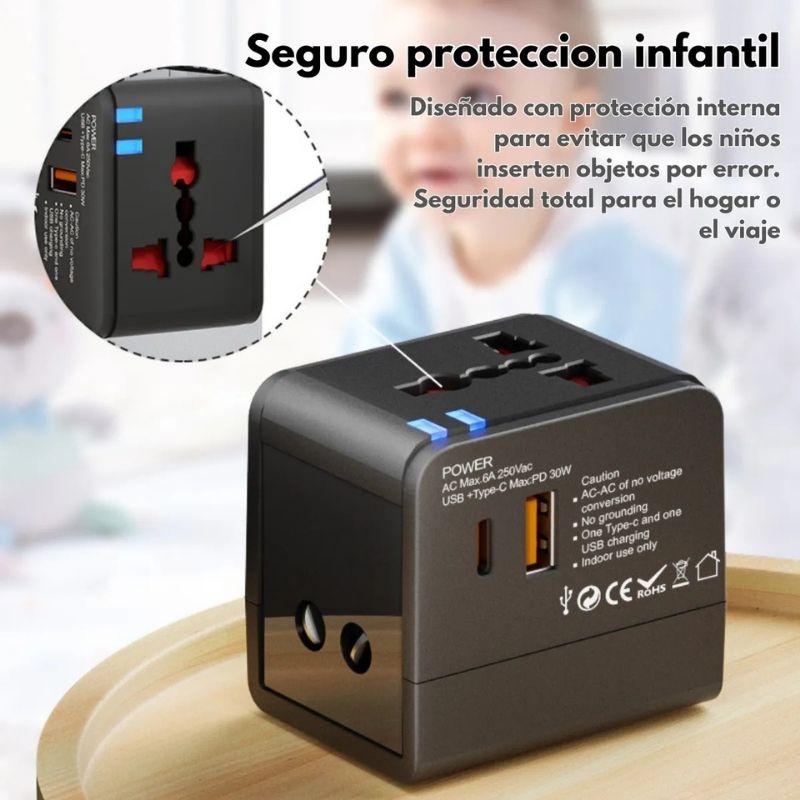 Adaptador Universal 30W PD QC Viaje 6 Enchufes | Carga Rápida USB + Type-C | Compatible con +200 Países - Image 5