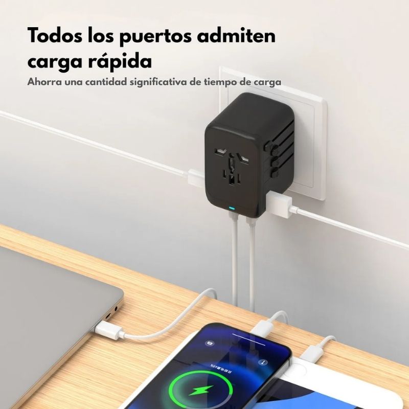 Adaptador Universal 65W PD QC Viaje | 3 USB-C + 1 USB-A | Carga Rápida Global | Compatible con +200 Países - Image 3