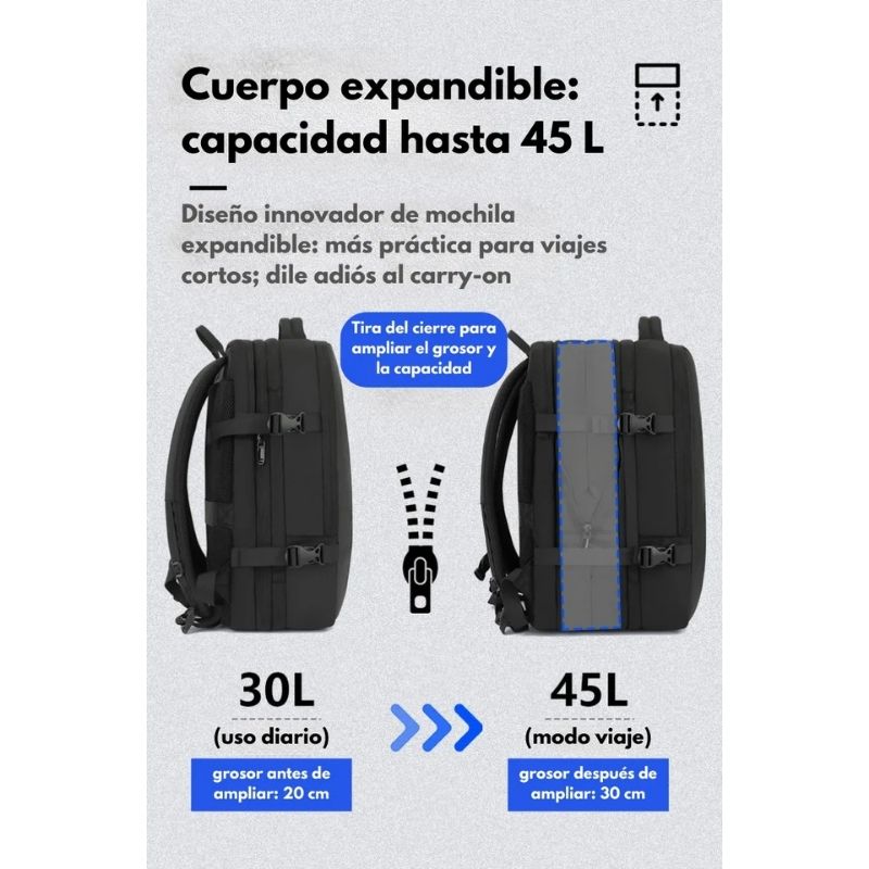 Mochila de Viaje Expandible 30-42L Impermeable con Puerto USB para Notebook 17.3” – Equipaje de Mano para Avión - Image 4