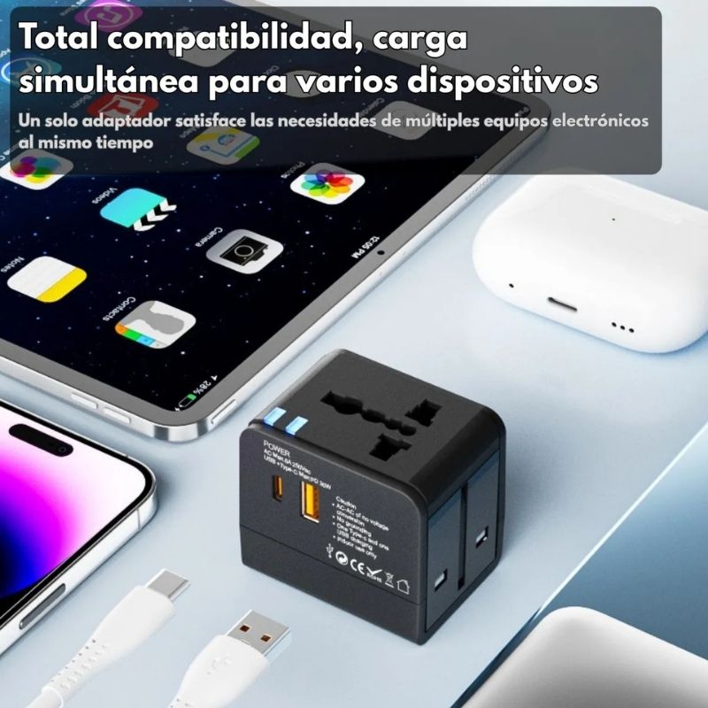 Adaptador Universal 30W PD QC Viaje 6 Enchufes | Carga Rápida USB + Type-C | Compatible con +200 Países - Image 6