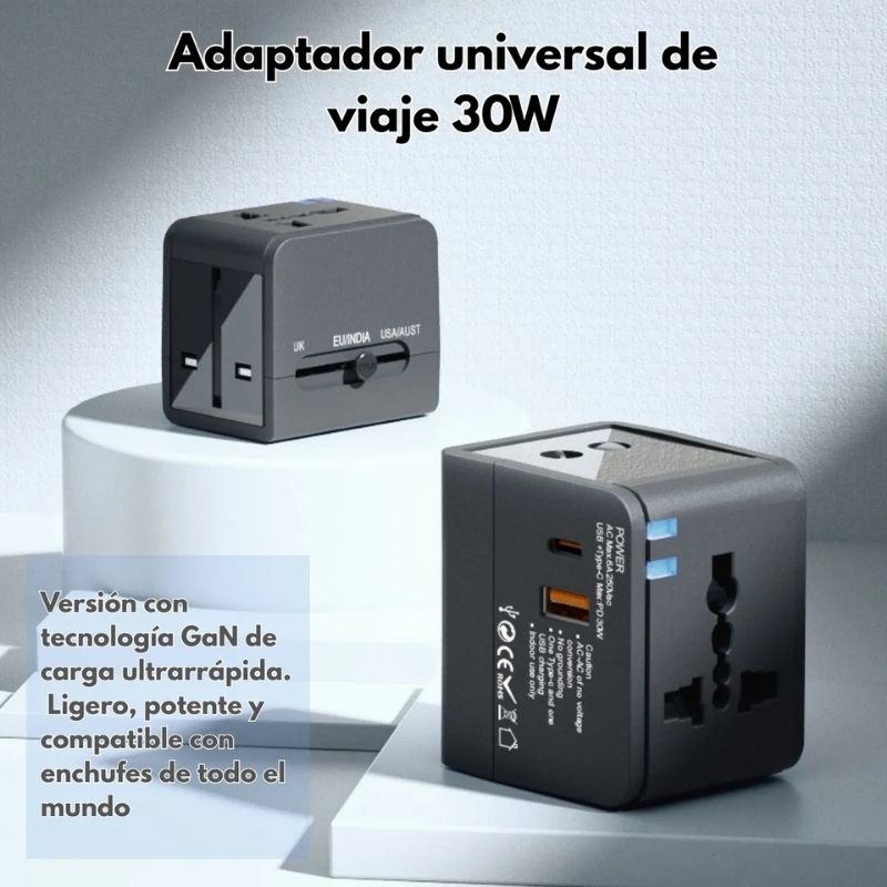 Adaptador Universal 30W PD QC Viaje 6 Enchufes | Carga Rápida USB + Type-C | Compatible con +200 Países - Image 10